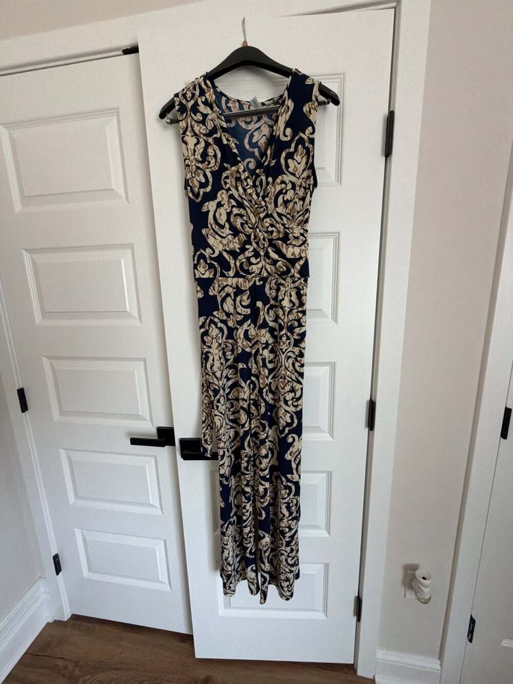 Touch Express sleeveless faux-wrap bodice wide-leg jumpsuit with navy and gold p